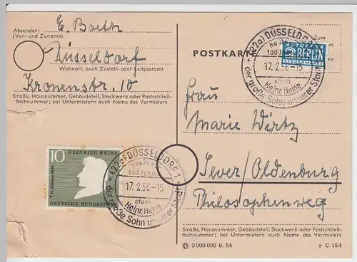 (48175) Postkarte Dt. Bundespost, Ersttagsstempel Düsseldorf 17.02.1956