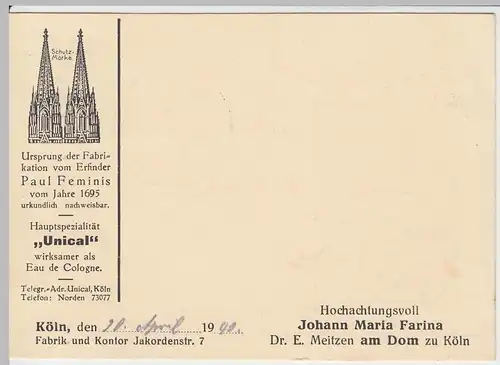 (48163) Postkarte Paul Feminis, "Farina am Dom" Köln 1943, Set 3 Karten