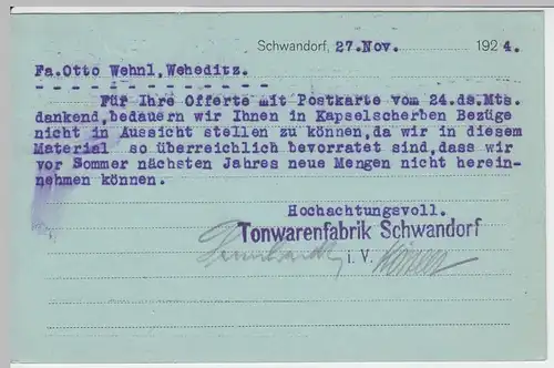 (48155) Postkarte Tonwarenfabrik Schwandorf 1924