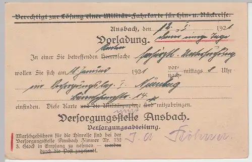 (48150) PK Versorgungsstelle Ansbach, Vorladung Ärztl. Untersuchung 1921
