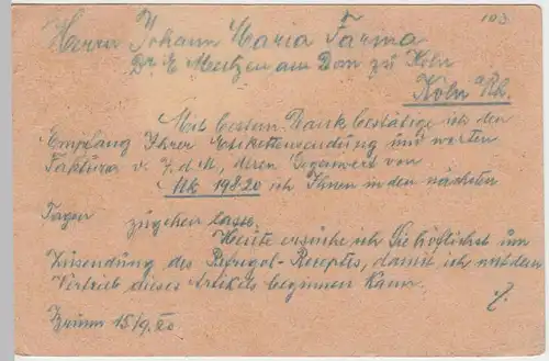 (48143) Ganzsache Tschechien, Stempel Brno, Brünn 1920