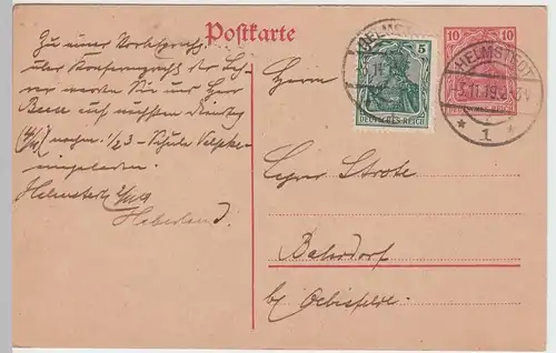 (48045) Ganzsache Deutsches Reich, Zusatzfrankatur, Stempel Helmstedt 1919