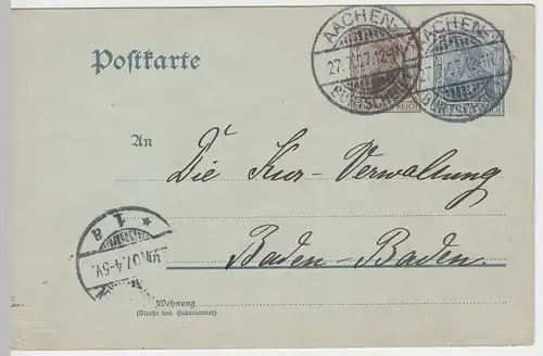 (48043) Ganzsache Deutsches Reich, Stempel Aachen Burtscheid 1907