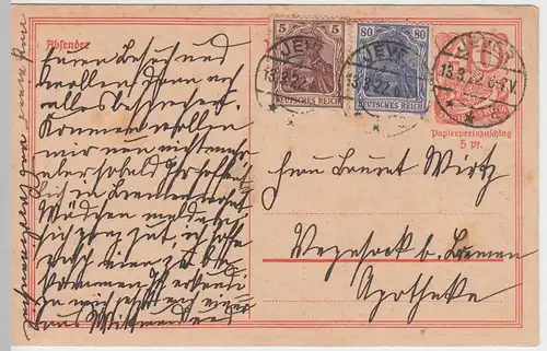 (48031) Ganzsache Deutsches Reich, Zusatzfrankatur, 1922