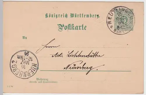 (47992) Ganzsache Königreich WÃ¼rttemberg, Stempel Reutlingen 1894