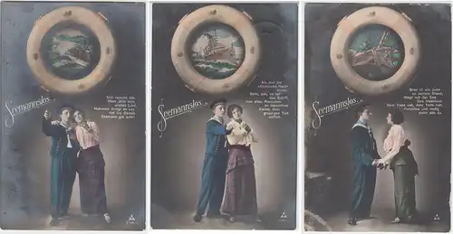 (47760) Foto AK Matrose mit Liebster, Seemannslos,  1915, 3 Karten a. Serie