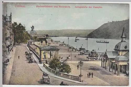 (47669) AK Koblenz, Rheinzollstraße, Rheinwerft, Dampferanlegestelle 1914