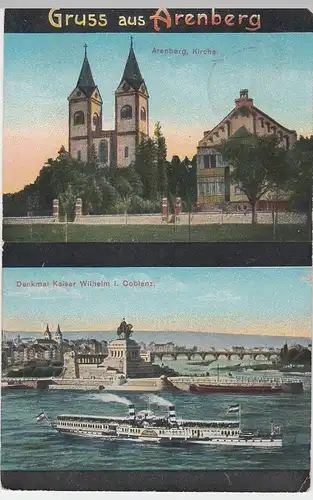 (47406) AK Arenberg, Koblenz, Kirche, Deutsches Eck, Raddampfer 1913