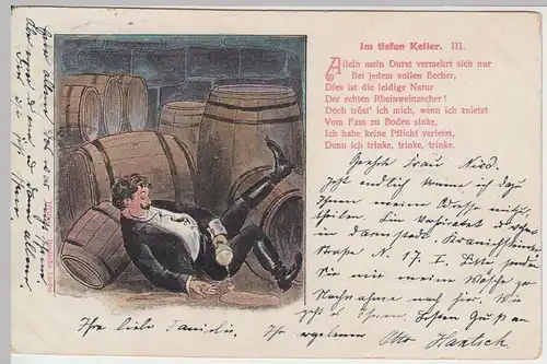 (47052) Künstler AK Liedkarte, Im tiefen Keller, Allein mein Durst 1902