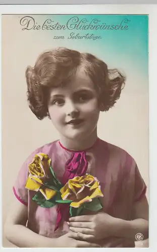 (46223) Foto AK Geburtstag, Mädchen mit Rosen, coloriert, vor 1945