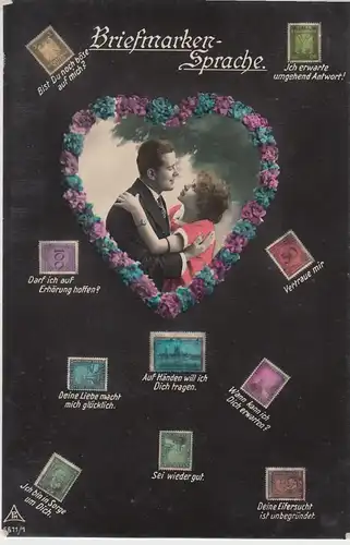 (46183) Foto AK Briefmarkensprache m. versch. Marken 1920er, Paar im Herz