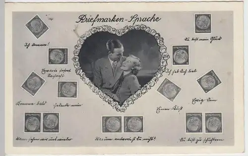 (46182) AK Briefmarkensprache mit Mi 482 - 487, Paar im Herz, 1940er