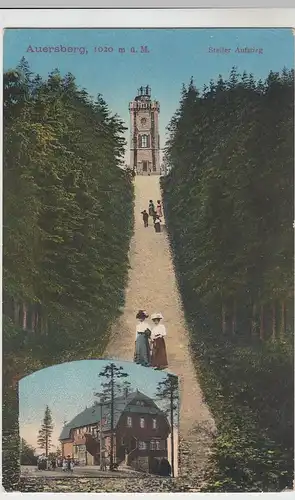 (46077) AK Auersberg, steiler Aufstieg z. Turm, Berghotel, 1914