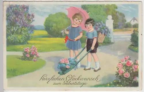 (45919) AK Geburtstag, Kinder mit Blumen-Schubkarre, 1930