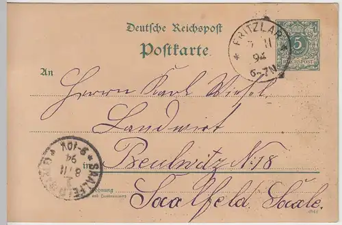 (45865) Ganzsache Deutsche Reichspost, Stempel Fritzlar 1894