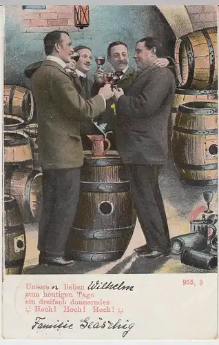 (45774) AK Männer im Weinkeller, m. Spruch -ein dreifach Hoch-, 1906