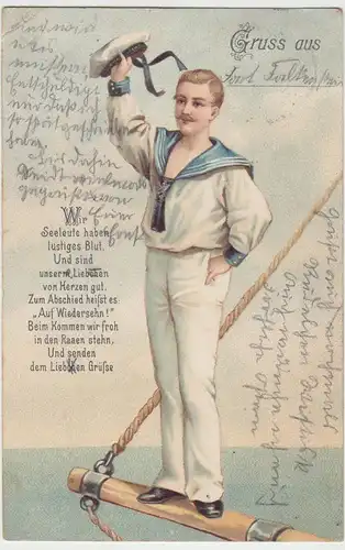 (45773) AK Gruss aus-, Seemann auf Rah grüßt, mit Spruch, 1906