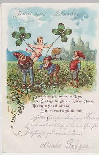 (45266) AK Grußkarte, Zwerge mit Engel -Kleeblättchen grün-, 1902