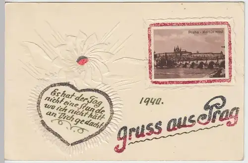(45041) AK Prag, Grußkarte m. Reliefmotiv u. Bild d. Karlsbrücke, 1940