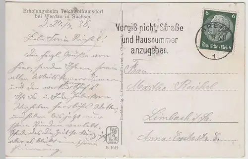 (43317) AK Teichwolframsdorf, Ortsansicht mit Erholungsheim 1938