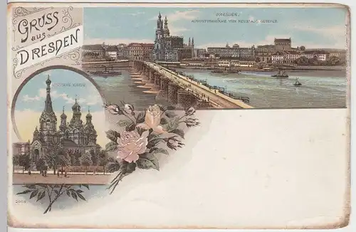 (43225) AK Gruß aus Dresden, Russische Kirche, Augustusbrücke, Litho um 1900