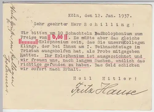 (42307) Ganzsache DR, Zusatzfrankatur, Köln 1937, Bestell. Basskolophonium