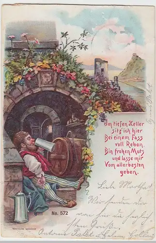 (41960) AK Spruch -Im tiefen Keller sitz ich hier-, Weinkeller am Rhein, 1899