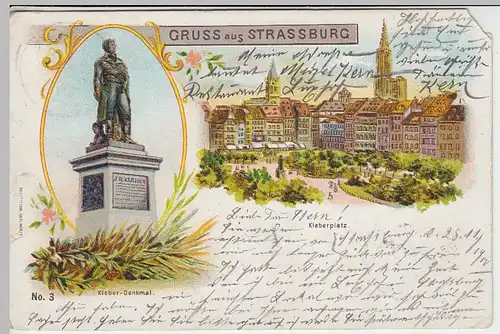 (41420) AK Gruss aus Strassburg, Kleberplatz u. Denkmal, 1900