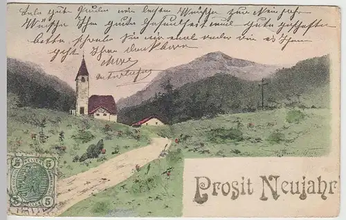 (41270) Künstler AK Prosit Neujahr, Bergkirchlein, um 1903