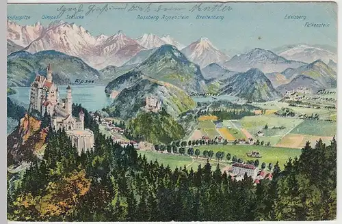 (41055) AK Schloss Neuschwanstein u. Umgebung Alpsee - Füssen 1922