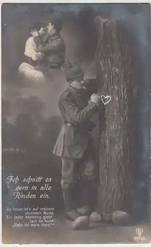 (40234) Foto AK Patriotika, "Ich schnitt es gern in alle Rinden ein", 1915