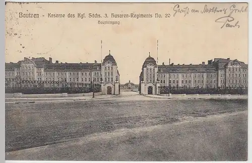 (39658) AK Bautzen, Kaserne d. Kgl.Sächs. 3. Husaren-Reg.20, Eingang 1914