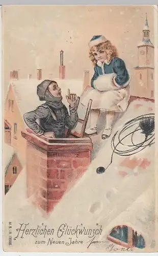 (37714) AK Neujahr, Glückwunsch, Mädchen m. Schornsteinfeger, 1905