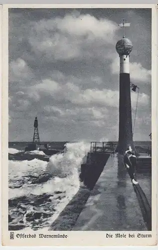 (37690) AK Ostseebad Warnemünde, Die Mole bei Sturm, vor 1945