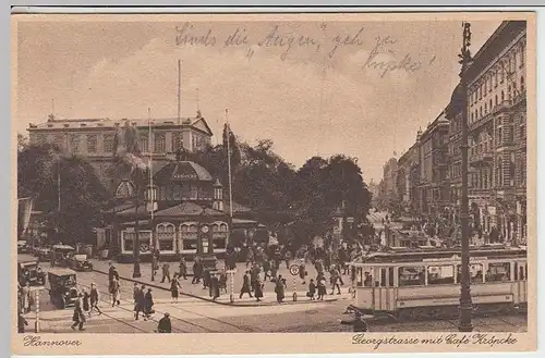 (37528) AK Hannover, Georgstraße mit Café Kröpcke, Straßenbahn 1924