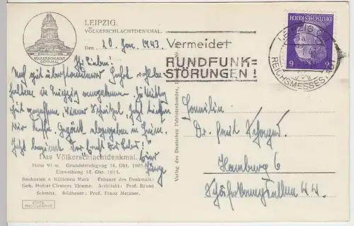 (36963) AK Leipzig, Völkerschlachtedenkmal 1943