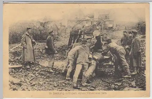 (36755) AK 1.WK In Stellung bringen eines Minenwerfers, Feldpost 1918