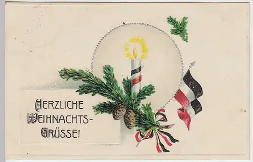 (36710) AK Weihnachten, Tannenzweig u. deutsche Fahnen, Feldpost Biebrich 1915