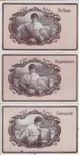 (36564) AK Grußkarte Dame auf Bank -In Liebe-, 3 Karten aus Serie, Feldpost 1917