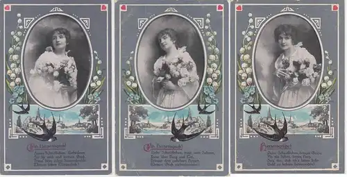 (36561) AK Herzensgruß, Schwälbchen, Dame mit Blumen, 3 Karten aus Serie 1917