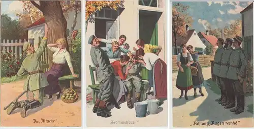 (35669) 3x AK Patriotika a. Serie "Immer Fachmann", Nr.4, 9, 11, Feldpost 1917
