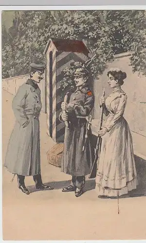 (35661) AK Patriotika, Wachsoldat mit Wurst, Dame mit Gewehr, vor 1905