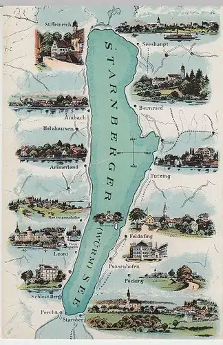 (35582) AK Starnberger See, Übersichts-Karte m. allen Orten, 1923