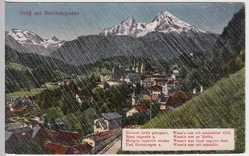 (30423) AK Gruß aus Berchtesgaden, Panorama im Regen mit Spruch, vor 1945