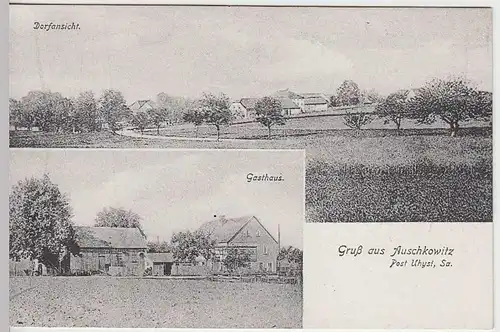 (34682) AK Gruß aus Auschkowitz, Dorfansicht, Gasthaus, vor 1945
