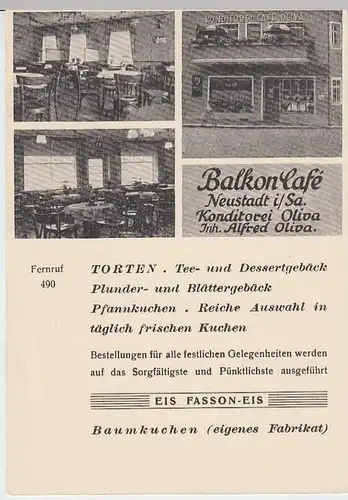 (34651) AK Neustadt i. Sa., Balkon-Café, Konditorei Alfred Oliva, 1930er