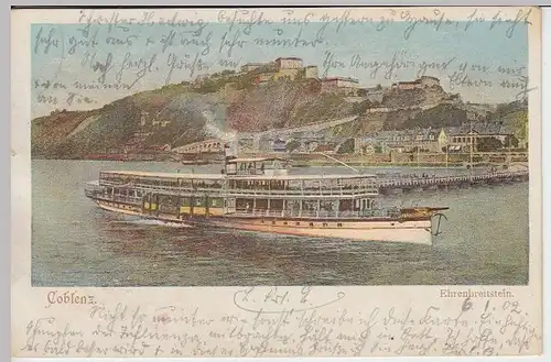 (34599) AK Koblenz, Ehrenbreitstein, Schaufelraddampfer, 1902