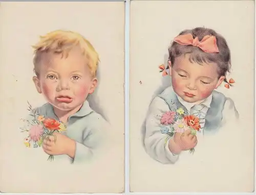 (34454) 2x Künstler AK weinender Junge u. Mädchen mit Blumen, vor 1945