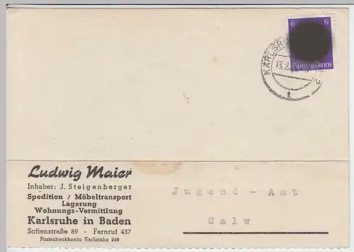 (33894) Postkarte DR 1944 v. Spedition Ludwig Mayer, Karlsruhe