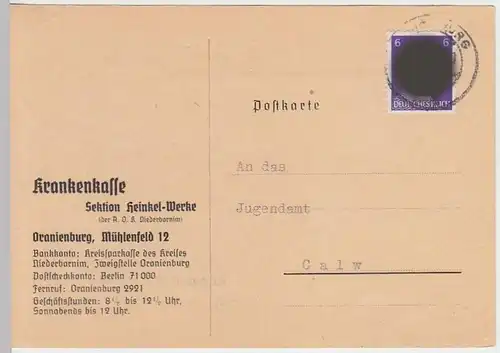(33891) Postkarte DR 1943 v. Krankenkasse Heinkel Werke Oranienburg